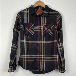 Dixxon Women’s Small Shirt Black Red Plaid Button Front Long Sleeve Collar